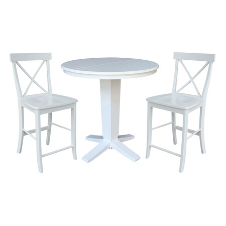 International Concepts 36 in. Solid Wood Round Extension Dining Table with 2 Counter Height Stools in White K08-36RXT-23-S6132-2
